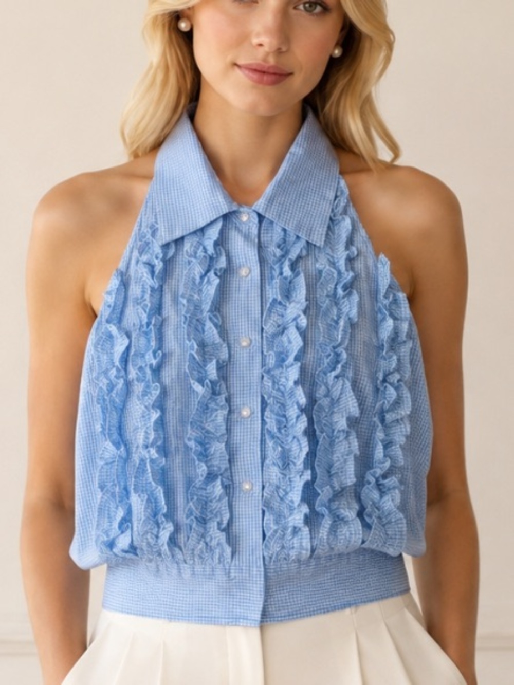 Love The Label Light Blue gingham Ruffle Halter Backless Top 39906